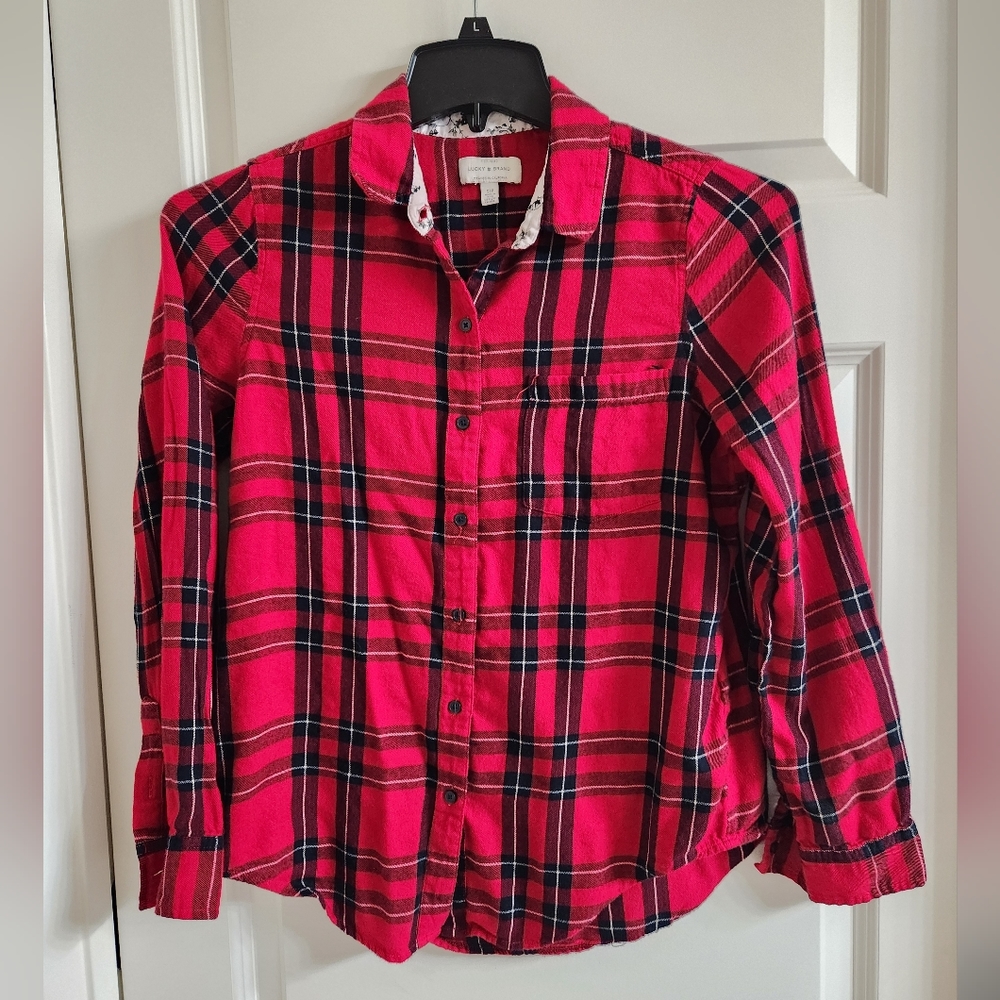 Lucky Brand Red Button Down w/ white floral cuff sleeve detail Size Small